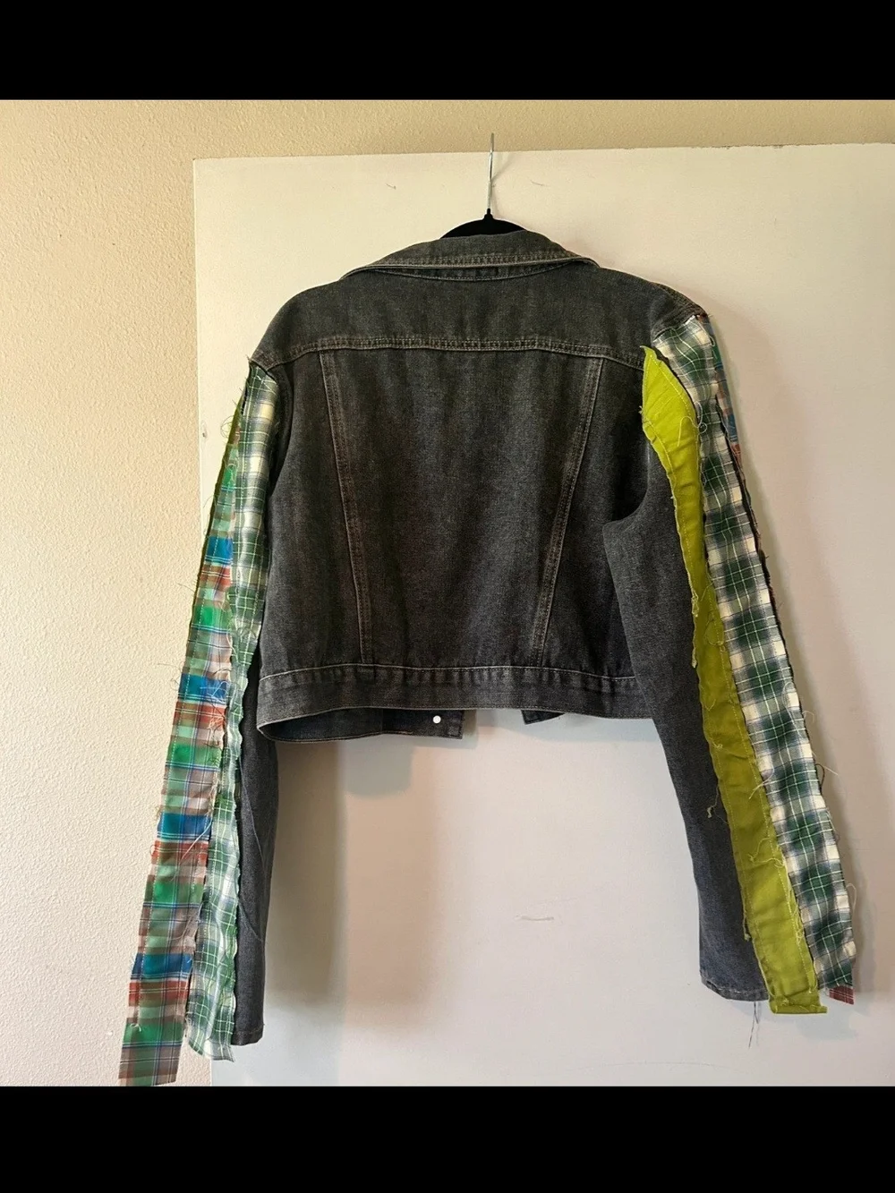 AKIRA Patchwork Plaid Cropped Denim Jacket Grunge Streetwear XL